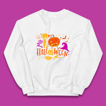 My 1st Halloween Cartoon Halloween Pumpkin Witch Hat Devil Smile Scary Spooky Season Kids Jumper