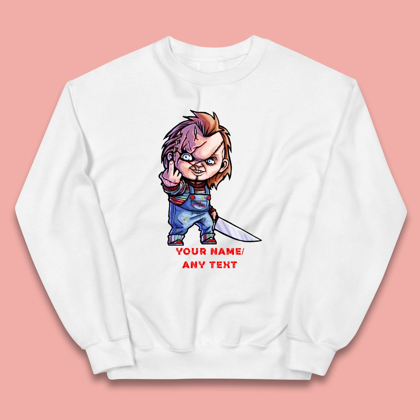 Personalised Chucky With Knife Your Name Or Text Halloween Horror Movie Character Kids Jumper