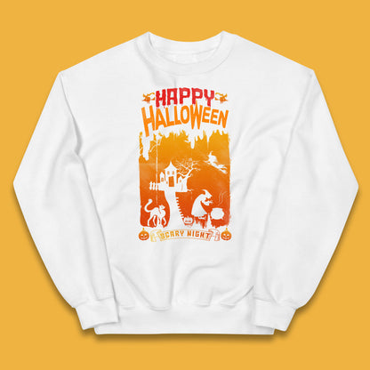 Happy Halloween Horror Hunted House Flying Witch Scary Spooky Night Kids Jumper