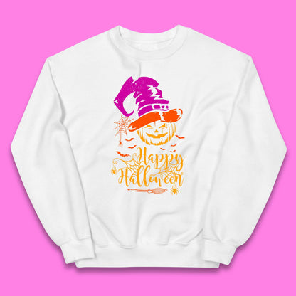 Happy Halloween Witch Hat Pumpkin Horror Scary Jack-o-lantern Flying Bats Kids Jumper