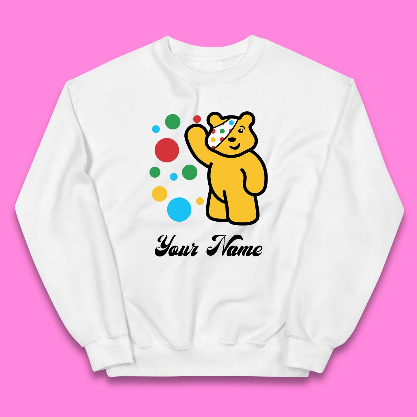 Personalised Spotty Pudsey Bear Hand Waving Dotty Spot Your Name Fundraising Spotty Bear Spotty Day Kids Jumper
