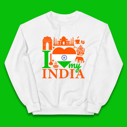 I Love My India Patriotic Indian Flag 15th August Independence Day Kids Jumper