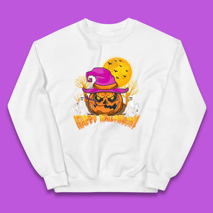 Happy Halloween Pumpkin Witch Hat Jack-o'-lantern With Full Moon Flying Bats Horror Scary Boo Ghost Kids Jumper