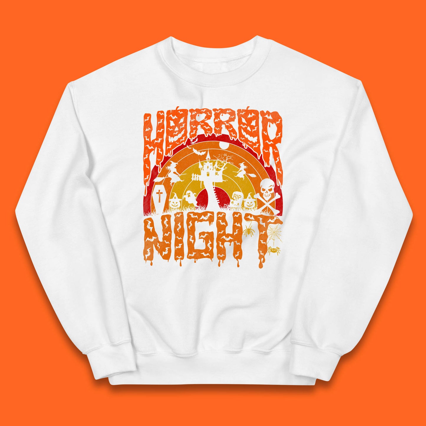 Halloween Horror Night Vintage Rainbow Flying witches Scary Boo Spooky Festive Night Kids Jumper