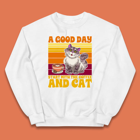 A Good Day Start With The Coffee And Cat Funny Coffee Cats Lovers Kids Jumper