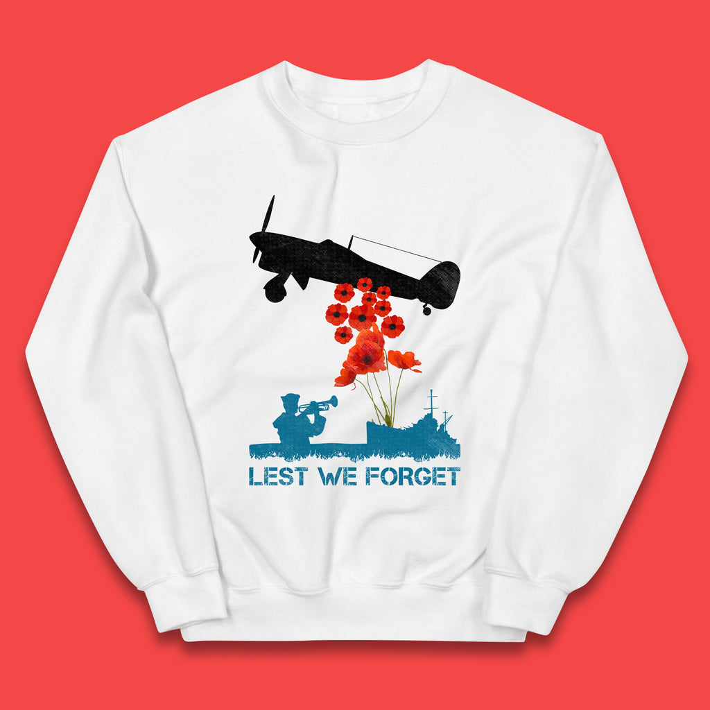 Lest We Forget Remembrance Day Veterans British Armed Forces Poppy Flower Royal Aircraft Kids Jumper