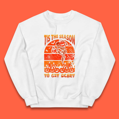 Tis The Season To Get Scary Halloween Skeleton Holding Pumpkin Buckets Spooky Vibes Kids Jumper