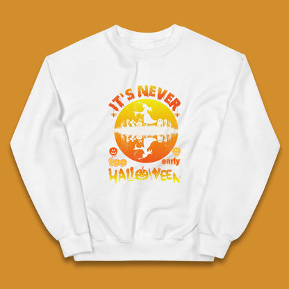 It's Never Too Early Halloween Witch Flying On Broomstick Over Lake Scary Spooky Season Kids Jumper