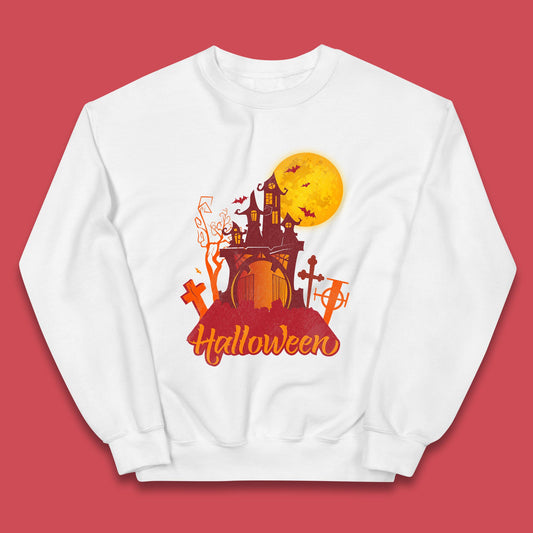 Halloween Lettering With Full Moon Scary Haunted House Flying Bats Horror Graveyard Kids Jumper