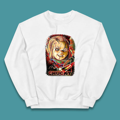 Chucky Distressed Childs Play Horror Monster Creepy Doll Toy Scary Halloween Scary Movie Character Kids Jumper