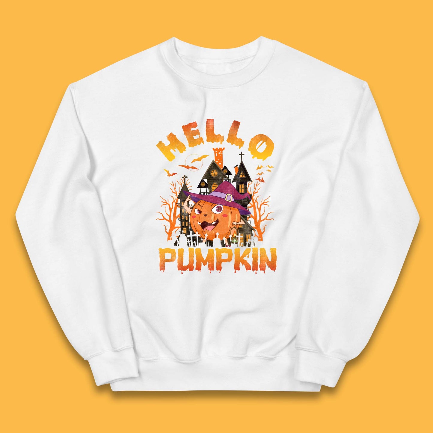 Hello Pumpkin Cartoon Halloween Pumpkin With Witch Hat Devil Smile Haunted Castle Kids Jumper