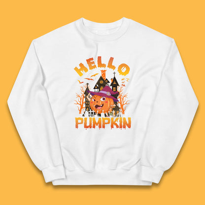 Hello Pumpkin Cartoon Halloween Pumpkin With Witch Hat Devil Smile Haunted Castle Kids Jumper