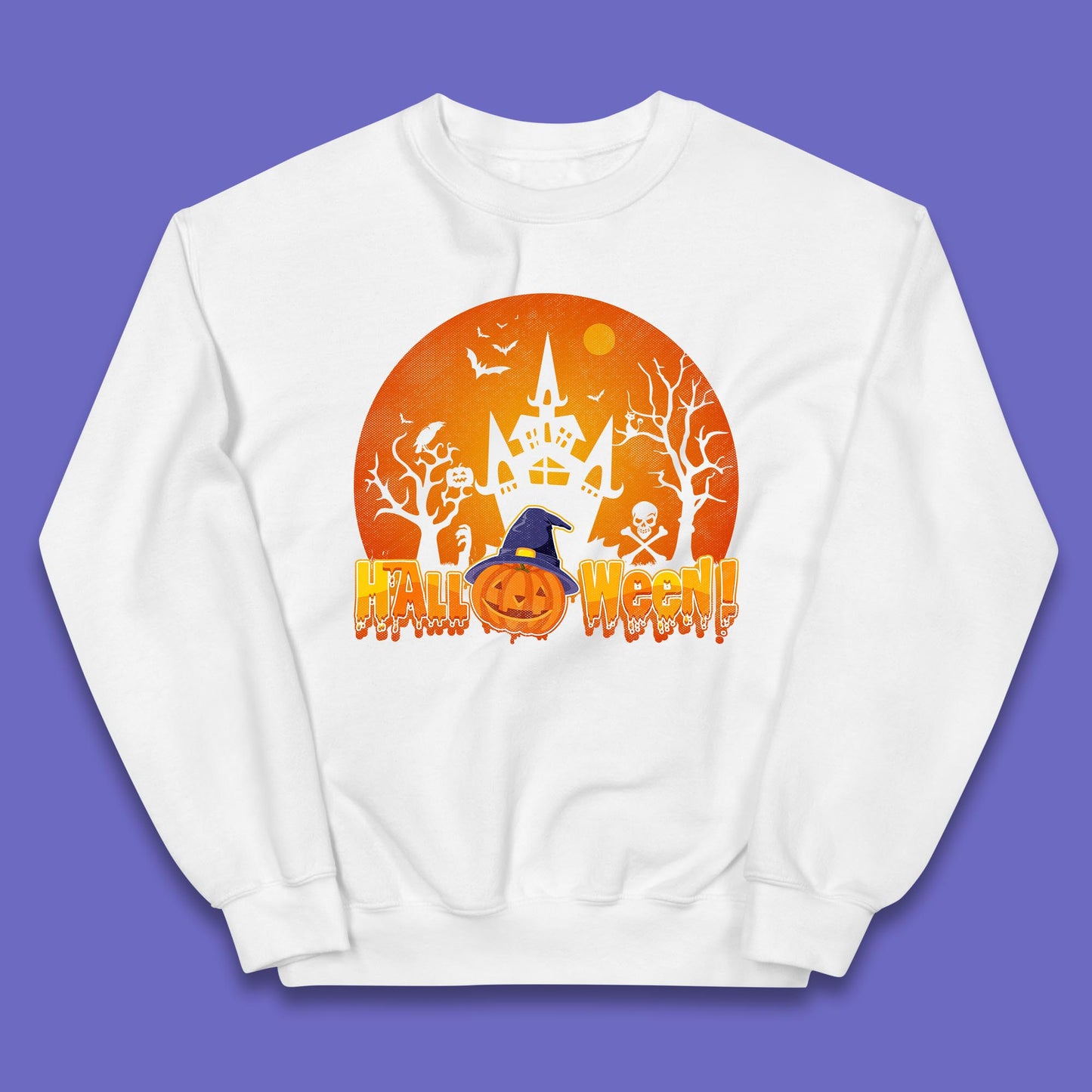 Halloween Pumpkin Witch Hat Haunted Castle Flying Bats Skull Bones Scary Dark Night Kids Jumper