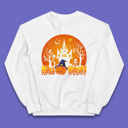Halloween Pumpkin Witch Hat Haunted Castle Flying Bats Skull Bones Scary Dark Night Kids Jumper