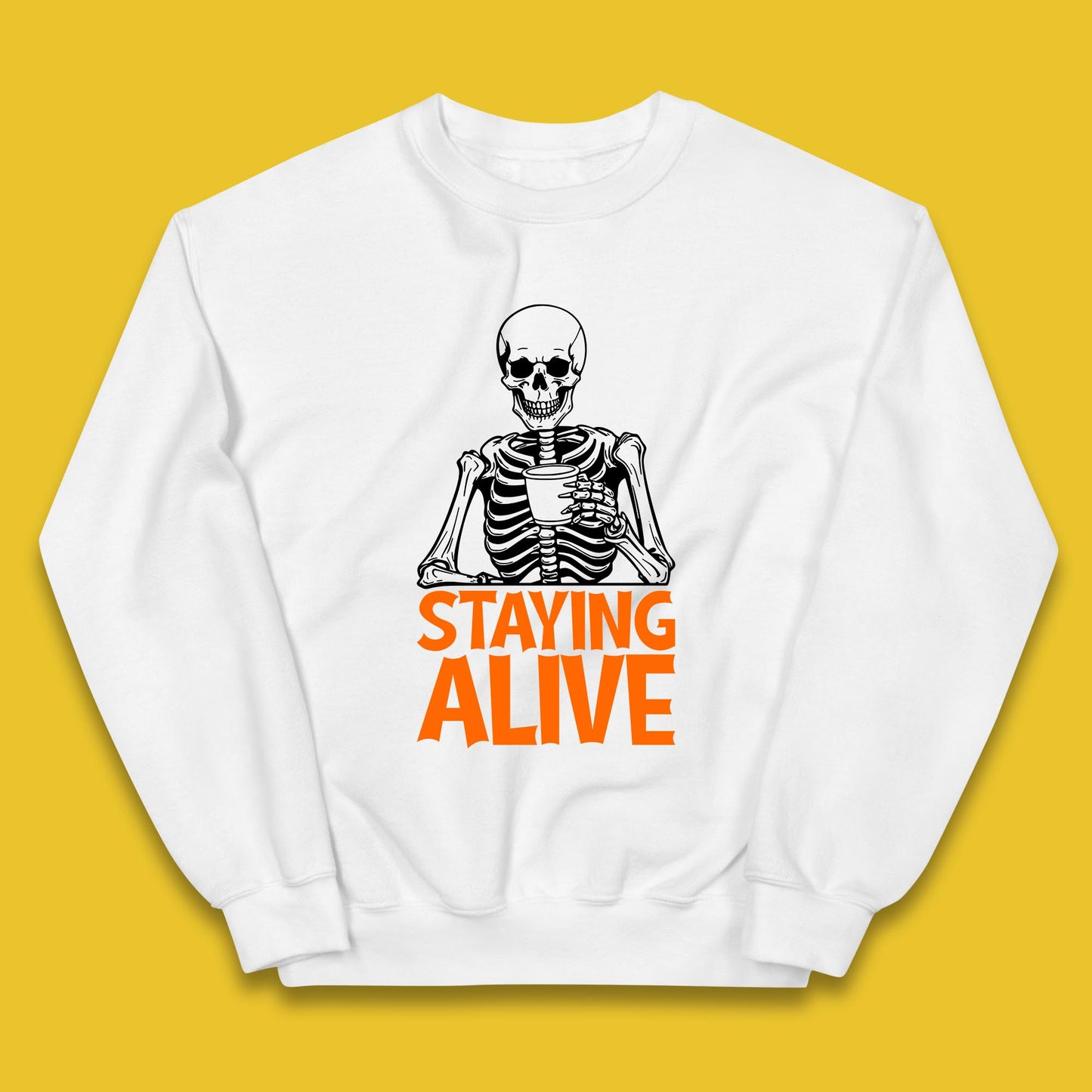 Staying Alive Funny Skeleton Trendy Coffee Halloween Skull Vintage Coffee Lovers Kids Jumper