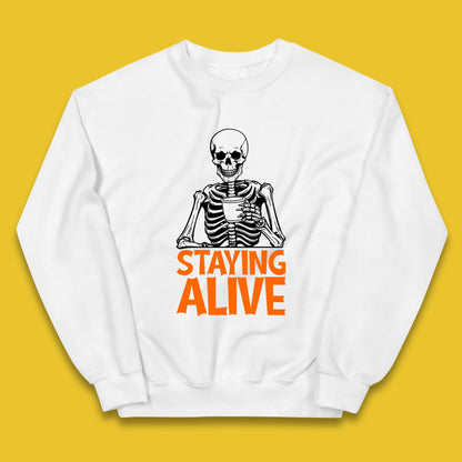Staying Alive Funny Skeleton Trendy Coffee Halloween Skull Vintage Coffee Lovers Kids Jumper