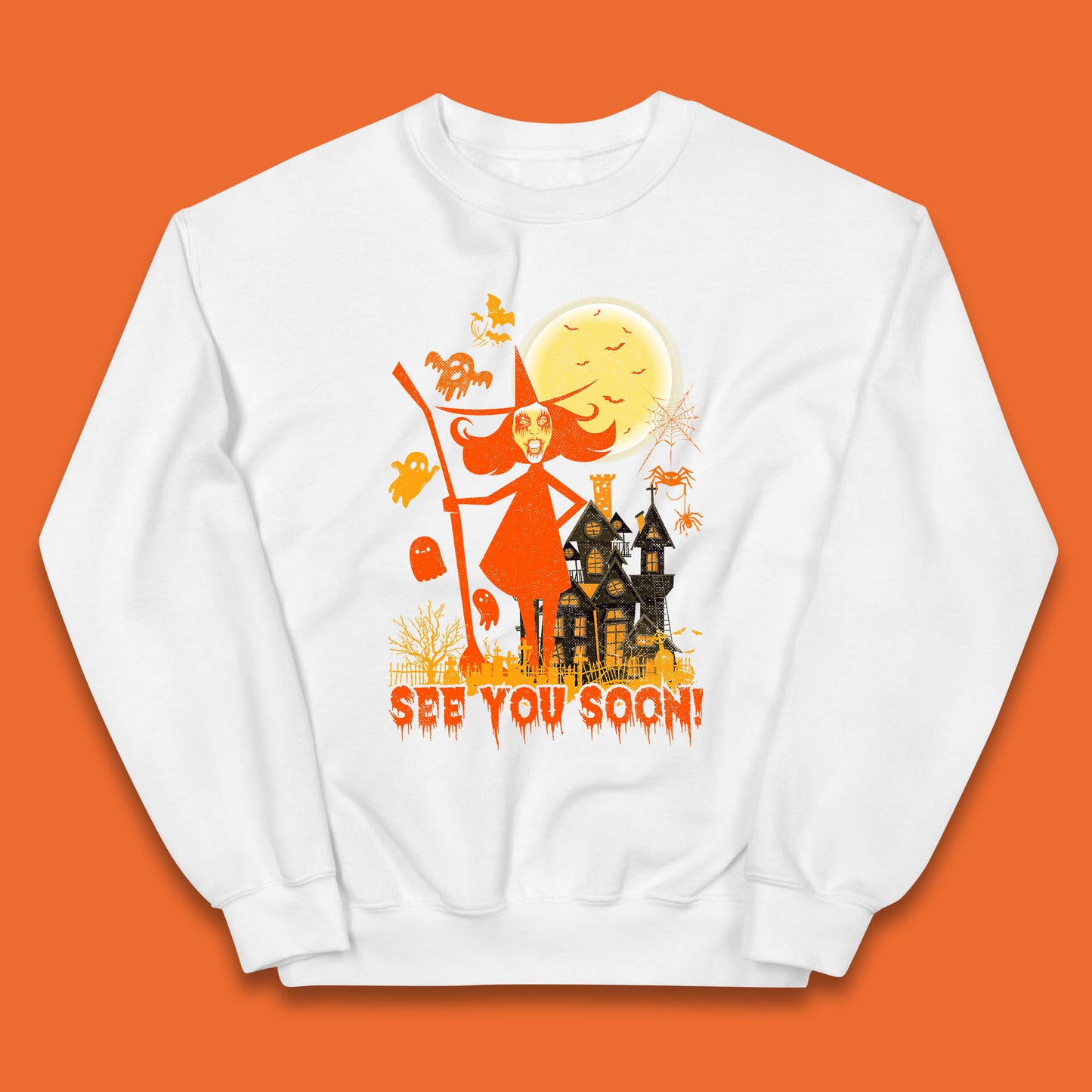 See You Soon Halloween Witch With Broom Horror Scary Haunted House Kids Jumper