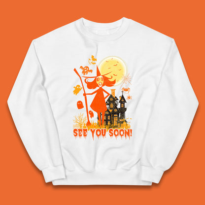 See You Soon Halloween Witch With Broom Horror Scary Haunted House Kids Jumper