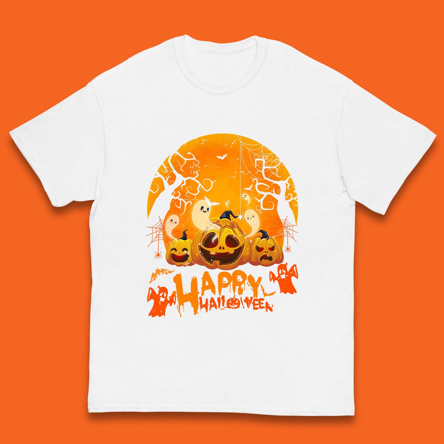 Happy Halloween Jack O Lantern Pumpkins Scary Boo Ghost Haunted Trees Kids T Shirt