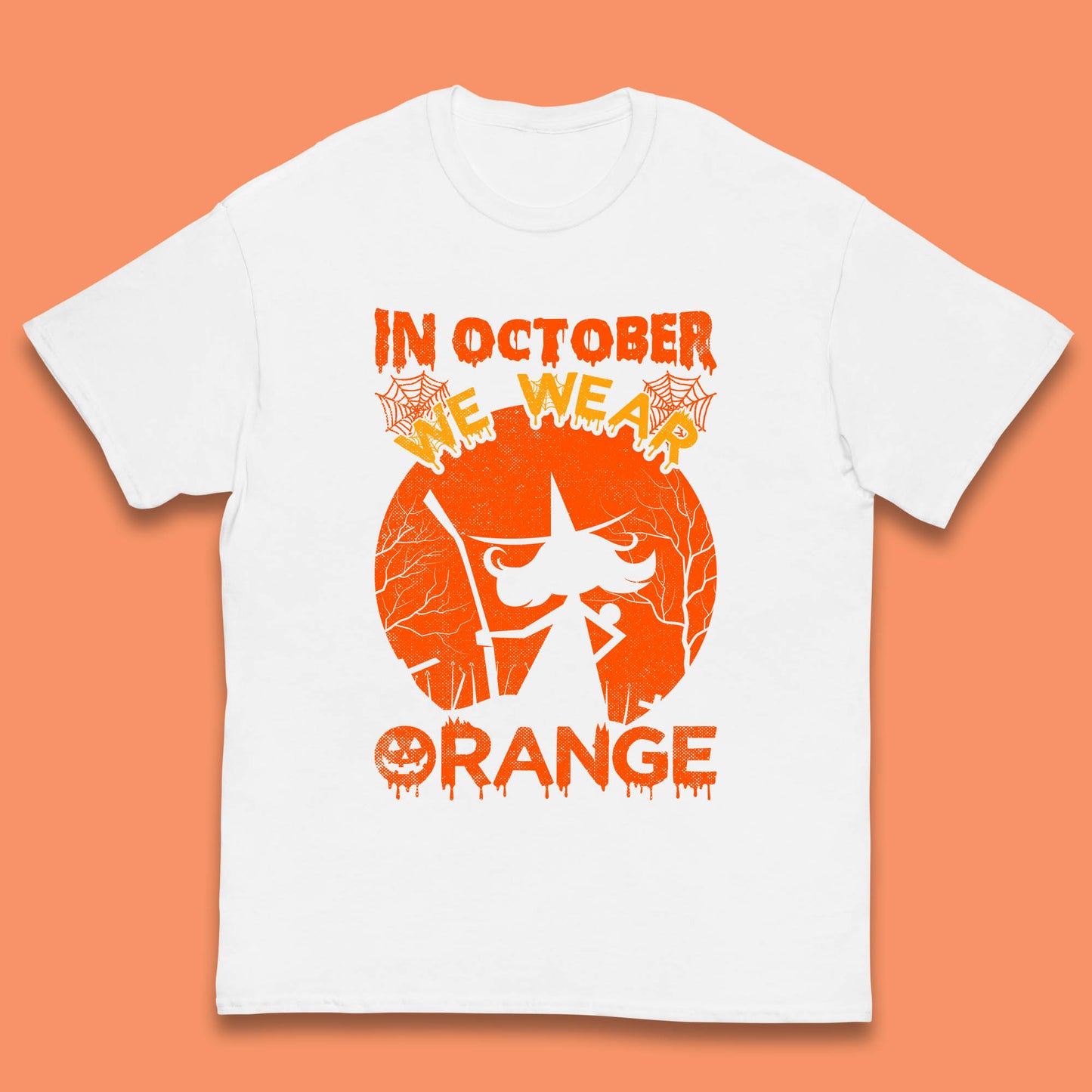 In October We Wear Orange Funny Quote Scary Witch With Broom Halloween Costume October Festive Kids T Shirt