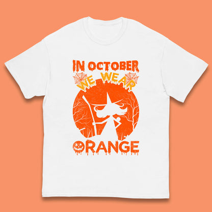 In October We Wear Orange Funny Quote Scary Witch With Broom Halloween Costume October Festive Kids T Shirt