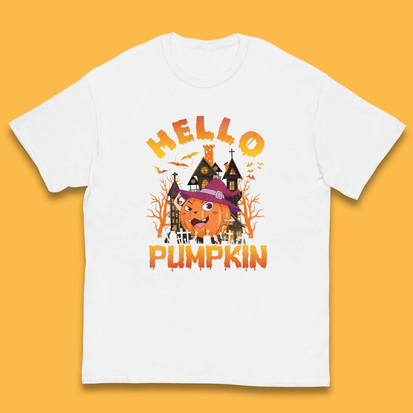 Hello Pumpkin Cartoon Halloween Pumpkin With Witch Hat Devil Smile Haunted Castle Kids T Shirt