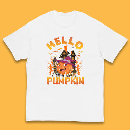 Hello Pumpkin Cartoon Halloween Pumpkin With Witch Hat Devil Smile Haunted Castle Kids T Shirt
