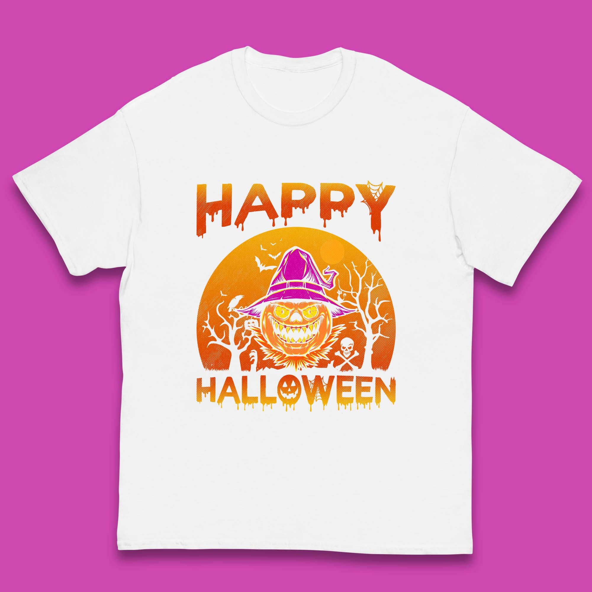 Happy Halloween Monster Pumpkin With Witch Hat Horror Scary Spooky Season Kids T Shirt