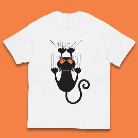 Black Cat Cartoon Scratching Climbing Wall Halloween Horror Scary Black Cat Spooky Season Kids T Shirt