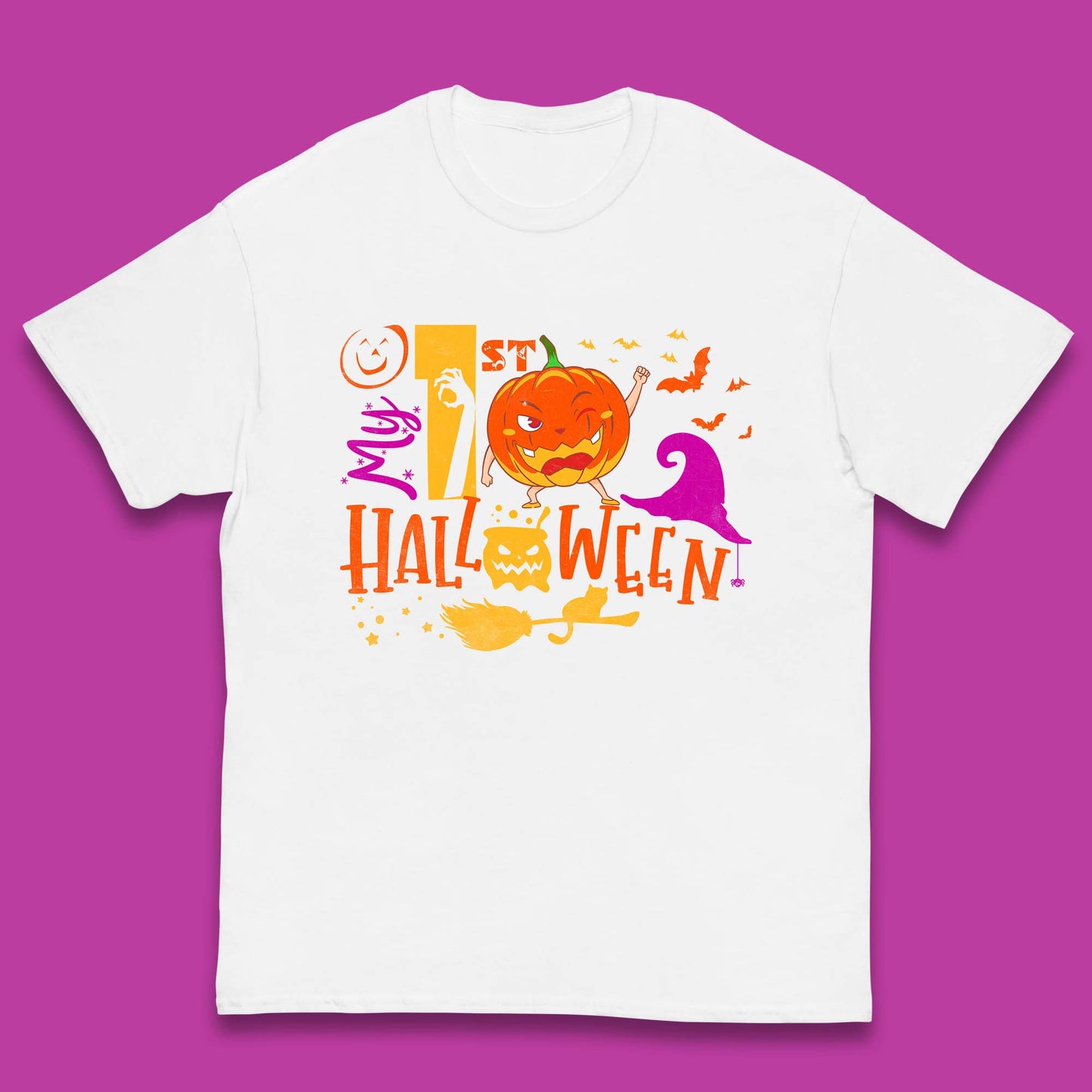 My 1st Halloween Cartoon Halloween Pumpkin Witch Hat Devil Smile Scary Spooky Season Kids T Shirt