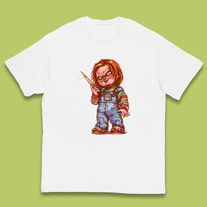 The Horror Movie Character Chucky With Knife Serial Killer Halloween Horror Movie Inspired Chucky Kids T Shirt