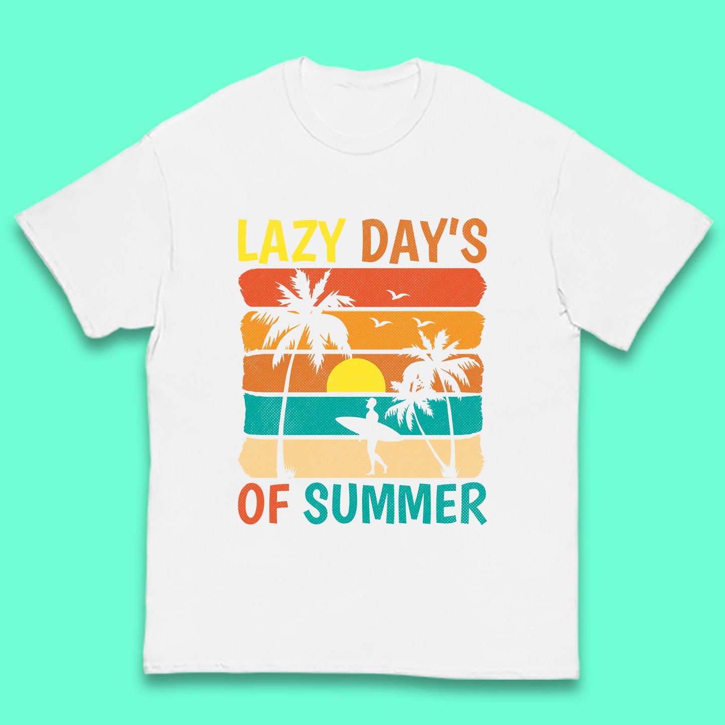 Lazy Days Of Summer Vintage Retro Sunset Surfer Beach Palm Trees Kids T Shirt