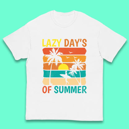 Lazy Days Of Summer Vintage Retro Sunset Surfer Beach Palm Trees Kids T Shirt