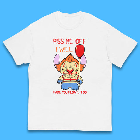 Piss Me Off I Will Make You Float, Too Halloween IT Pennywise Clown & Disney Stitch Movie Mashup Parody Kids T Shirt