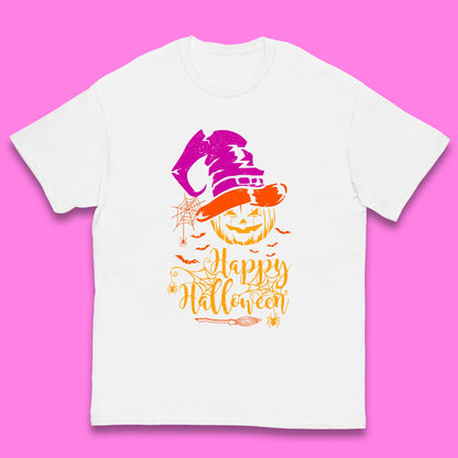 Happy Halloween Witch Hat Pumpkin Horror Scary Jack-o-lantern Flying Bats Kids T Shirt