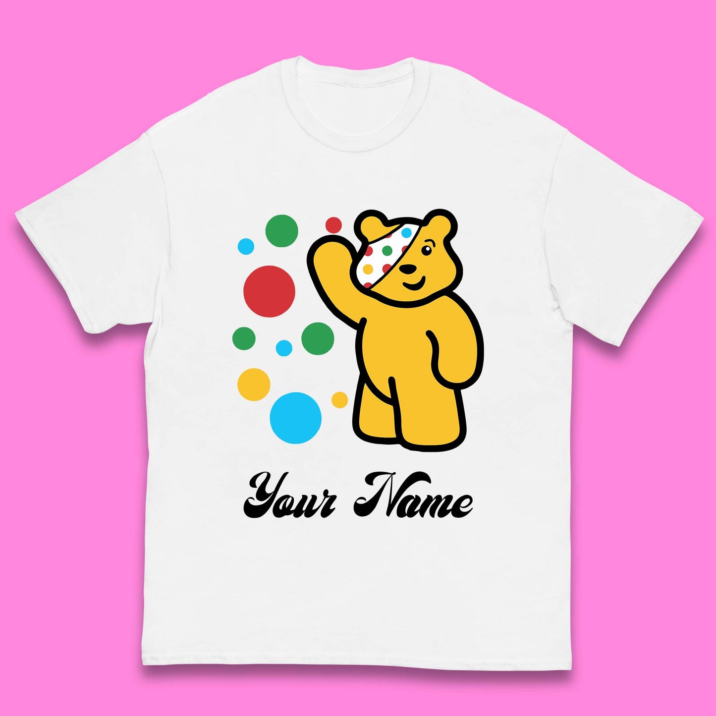 Personalised Spotty Pudsey Bear Hand Waving Dotty Spot Your Name Fundraising Spotty Bear Spotty Day Kids T Shirt