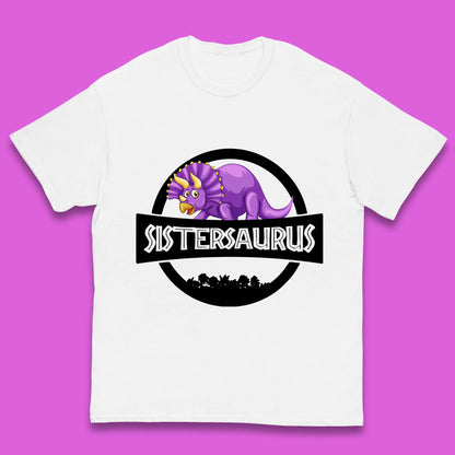 Sistersaurus Dinosaur Sister Cartoon Triceratops Purple Sister Saurus Matching Kids T Shirt
