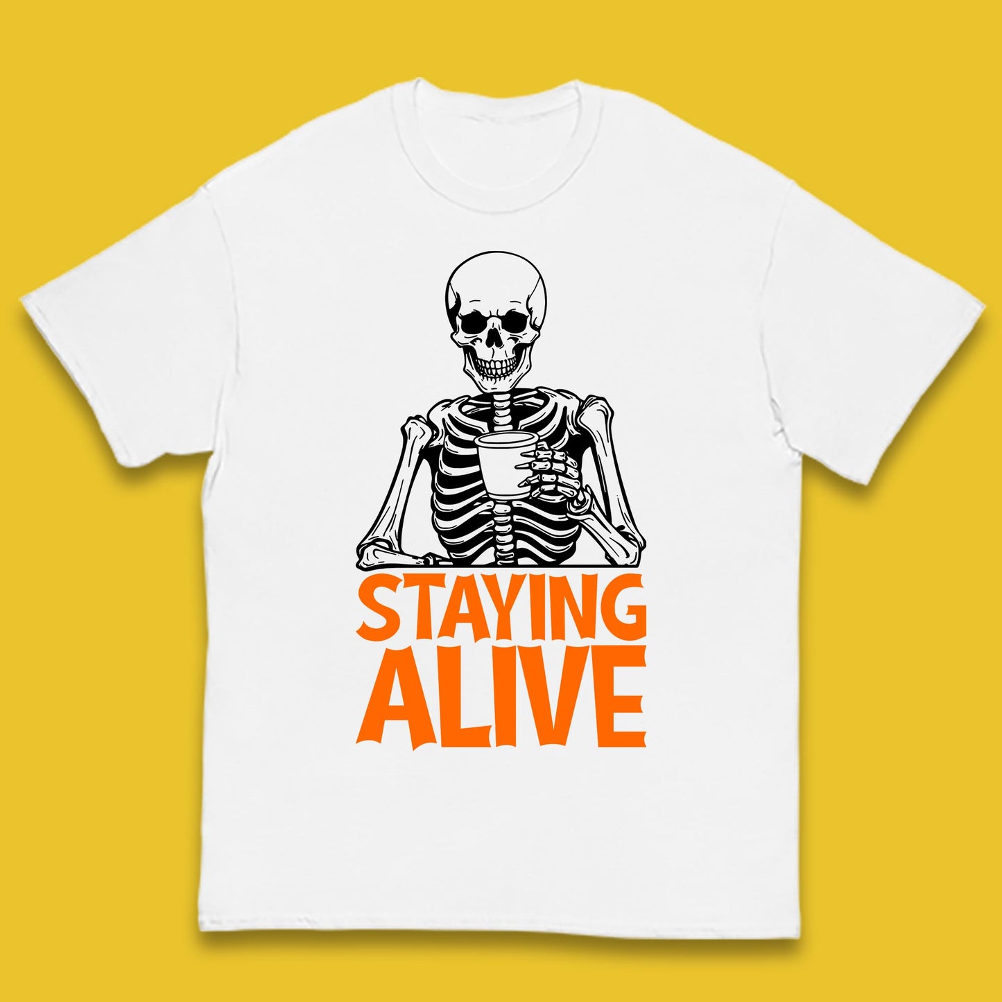 Staying Alive Funny Skeleton Trendy Coffee Halloween Skull Vintage Coffee Lovers Kids T Shirt