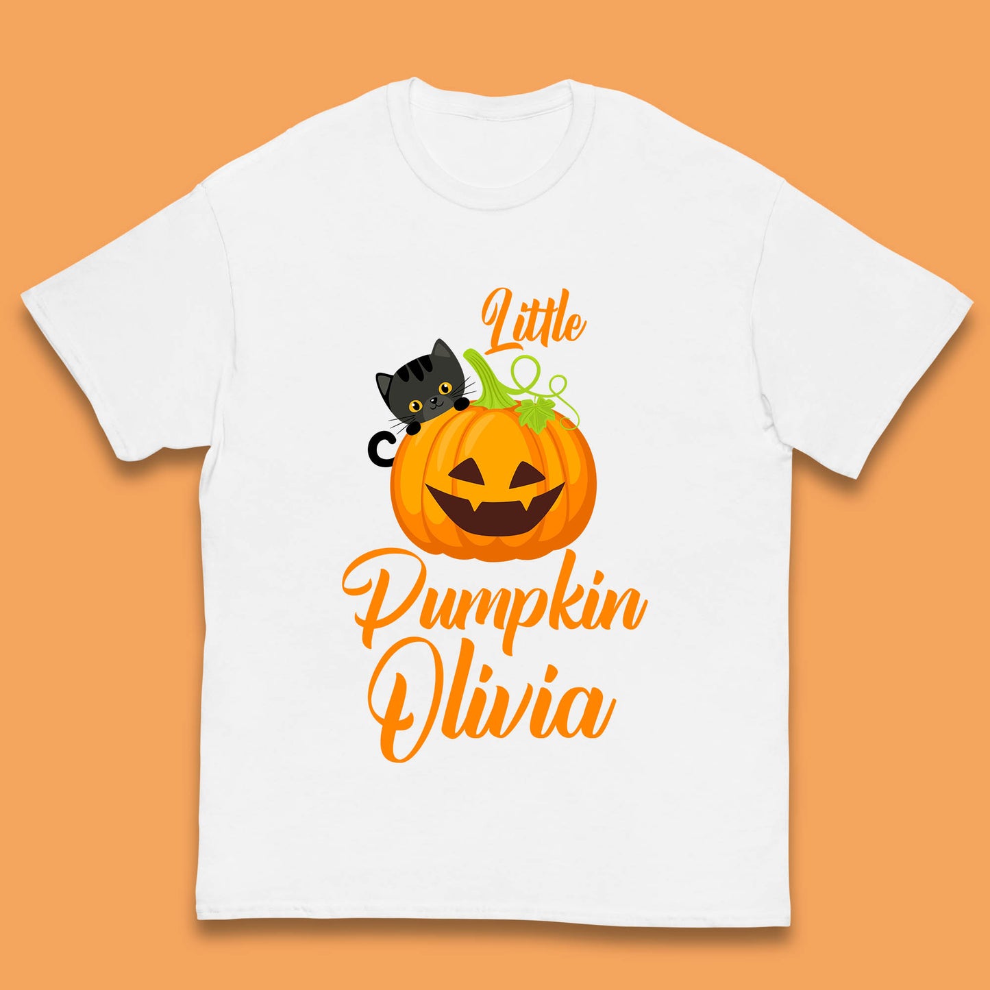 Personalised Little Pumpkin Your Name Black Cat Witch On Pumpkin Kids T Shirt