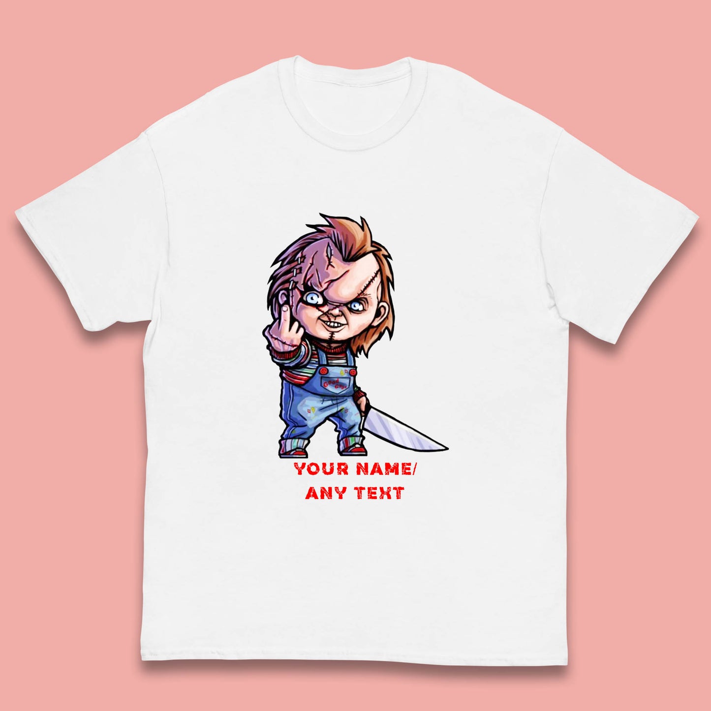 Personalised Chucky With Knife Your Name Or Text Halloween Horror Movie Character Kids T Shirt