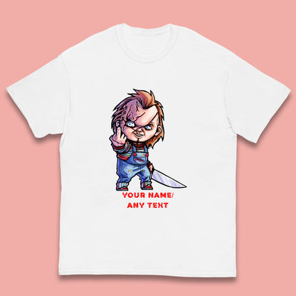 Personalised Chucky With Knife Your Name Or Text Halloween Horror Movie Character Kids T Shirt