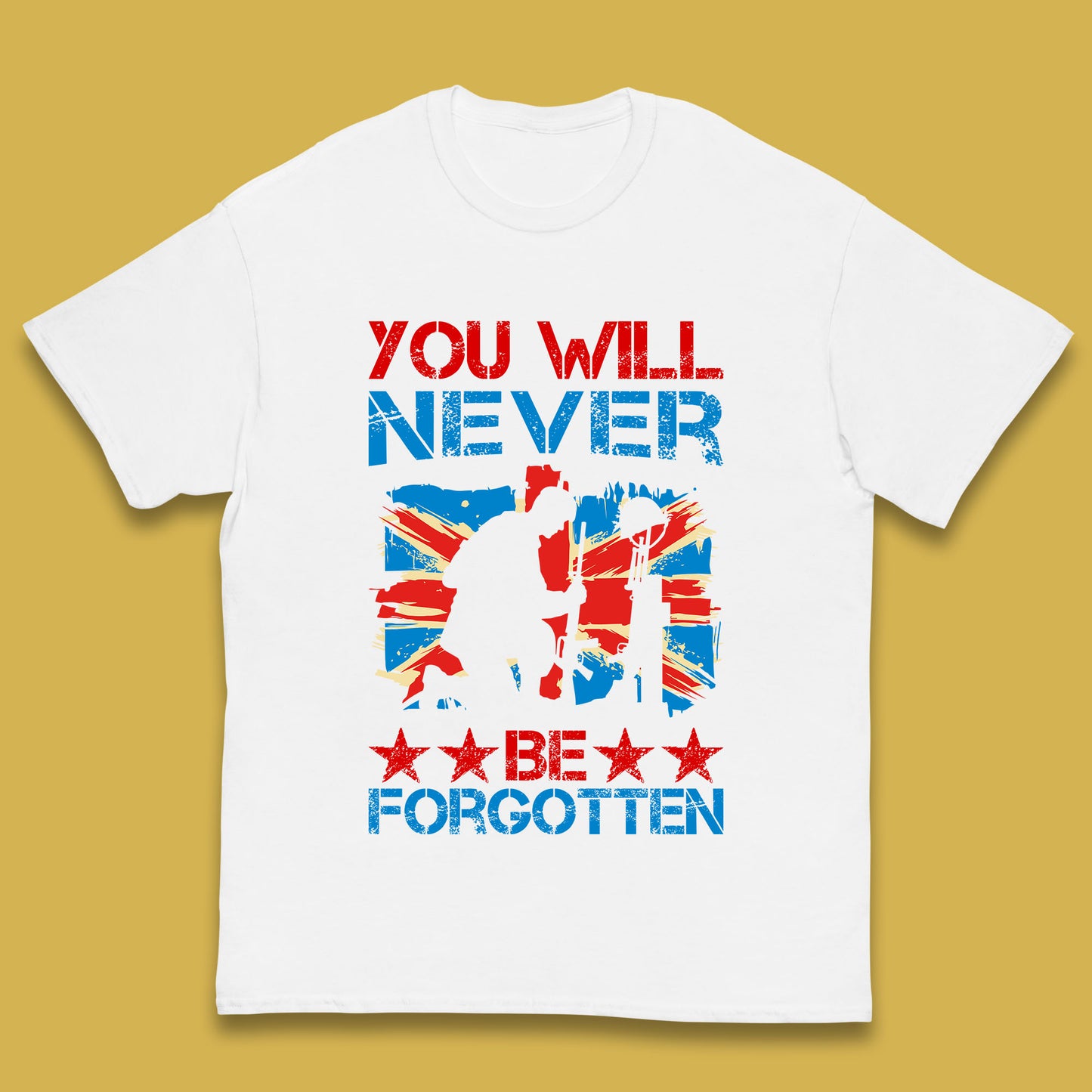 You Will Be Never Forgotten Soldier Kneeling Fallen Soldier Remembrance Day British Armed Force British Flag Patriotism Kids T Shirt