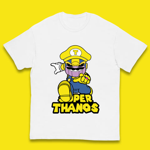 Super Thanos Marvel Infinity Gauntlet Super Mario Spoof Marvel Nintendo Game Series Wario Thanos Fictional Character Kids T Shirt