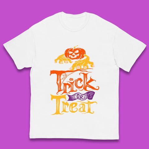 Halloween Trick Or Treat Horror Scary Evil Pumpkin With Zombie Hands Kids T Shirt