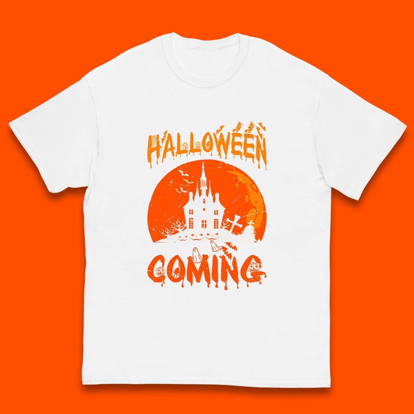 Halloween Coming Horror Scary Ghost Haunted House Spooky Season Kids T Shirt