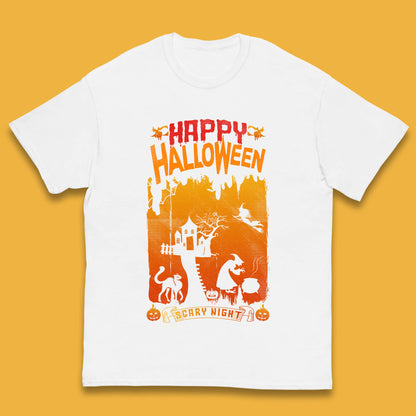 Happy Halloween Horror Hunted House Flying Witch Scary Spooky Night Kids T Shirt