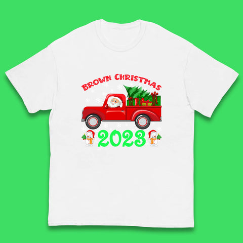 Brown Christmas 2023 Santa Claus Driving Truck With Christmas Tree To Delivery Christmas Gifts Xmas Kids T Shirt