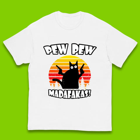 Pew Pew Madafakas Funny Joke Retro Vintage Cat Gun Pistol Kitty Pew Pew Cat Meme Kids T Shirt