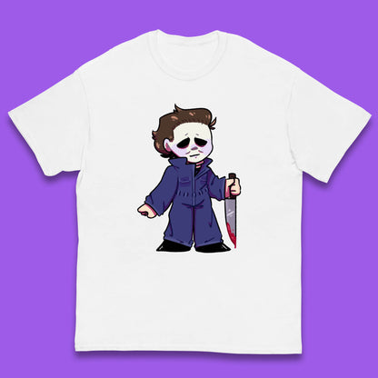 Chibi Michael Myers Holding Bloody Knife Halloween Serial Killer Horror Movie Character Kids T Shirt