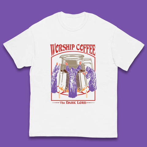 Worship Coffee The Dark Lord Aesthetic Vintage Coffee Retro Halloween Coffee Lover Faith Kids T Shirt